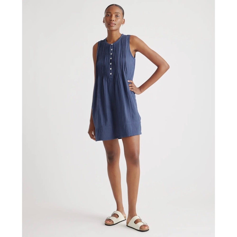 Quince Womens XS Sleeveless Swing Dress Indigo Blue Organic Cotton Gauze Pintuck